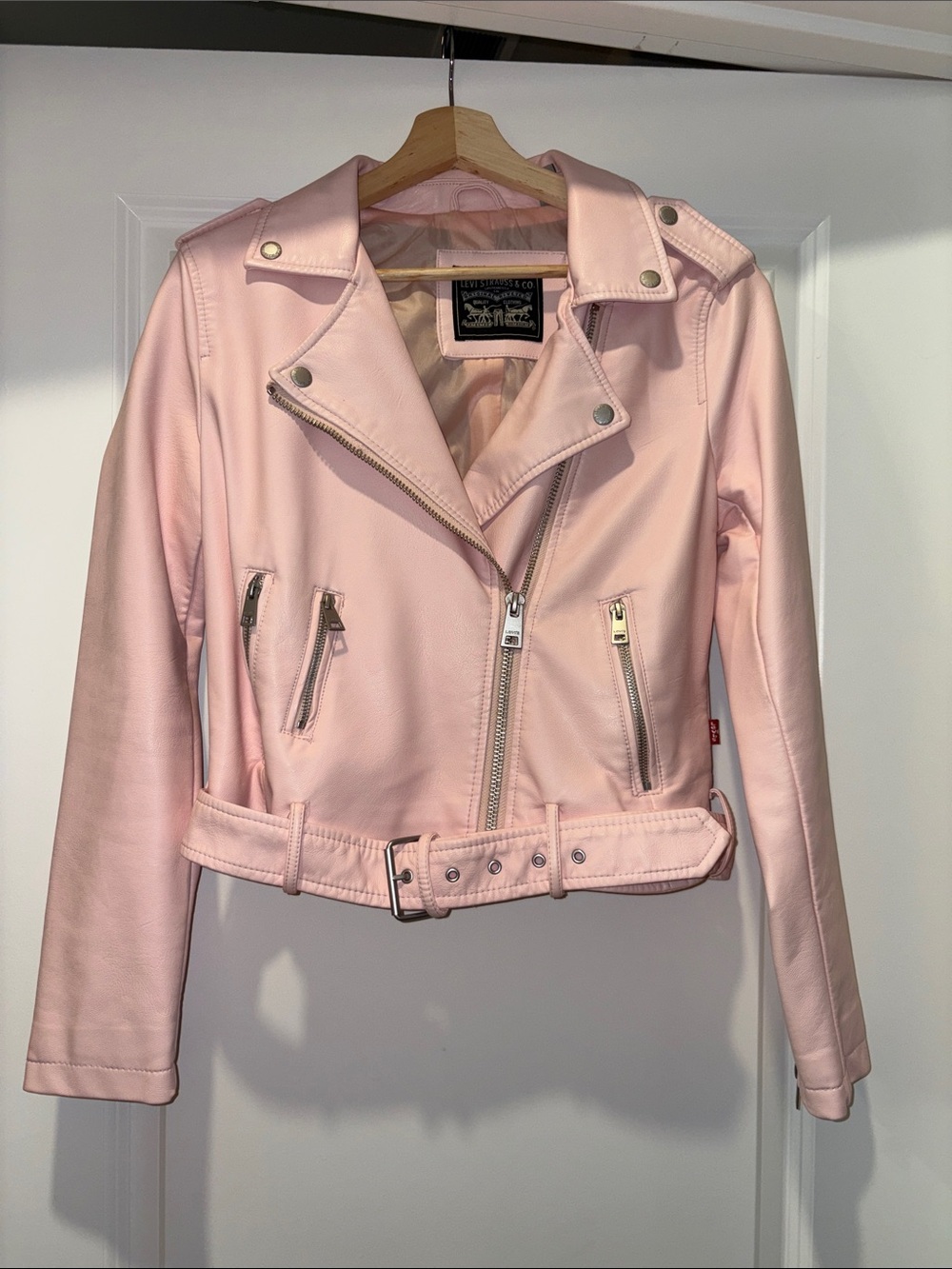 Levi's Light Pink Faux Leather Moto Jacket with Belted Waist